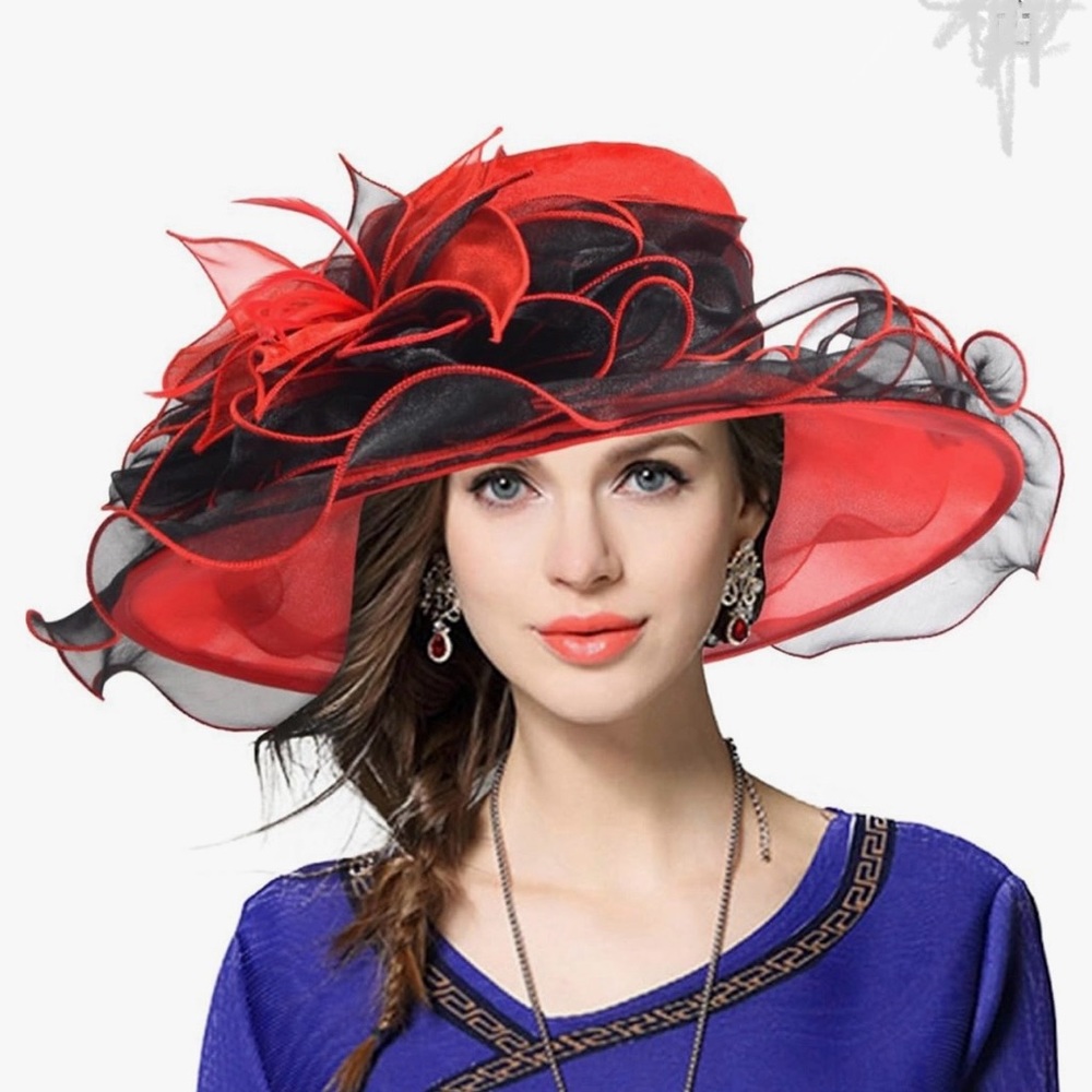 Women Derby Hat, Tea Party Perfect (One Size Fits Most). Black & Red Organza
